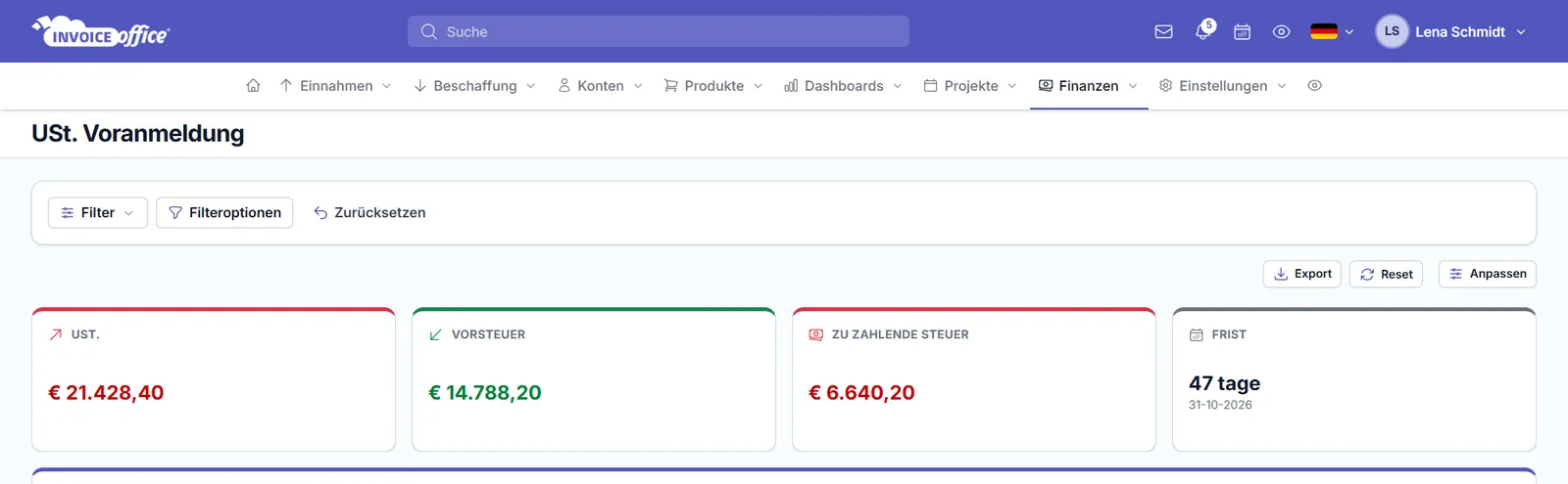 USt.-Voranmeldung in Invoice Office: Umsatzsteuer, Vorsteuer, zu zahlende Steuer und die verbleibenden Tage bis zur Abgabefrist