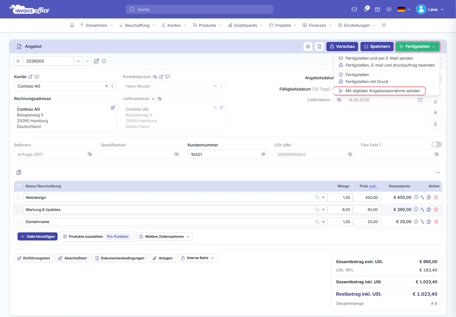 Geöffnetes Menü Fertigstellen im Angebot mit Fertigstellen und per E-Mail senden, Fertigstellen, E-mail und druckauftrag beenden, Fertigstellen, Fertigstellen mit Druck und Mit digitaler Angebotsannahme senden; die Schaltfläche Fertigstellen und die Option Mit digitaler Angebotsannahme senden sind rot markiert