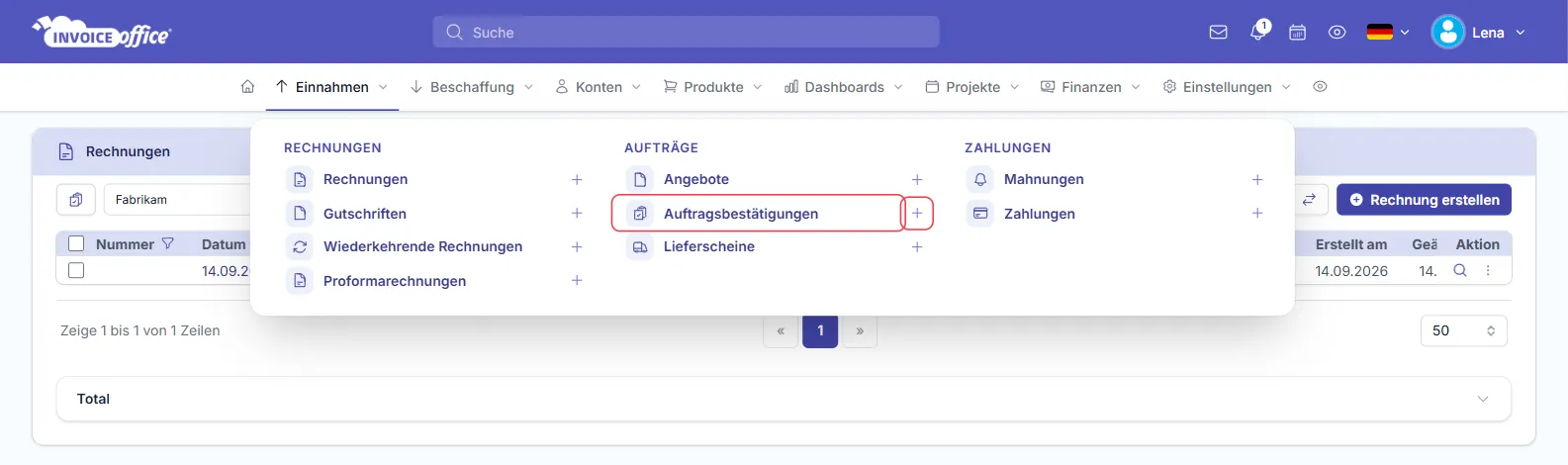 Menü Einnahmen in Invoice Office mit den Spalten Rechnungen, Aufträge und Zahlungen; unter Aufträge sind der Eintrag Auftragsbestätigungen und das Pluszeichen daneben rot markiert