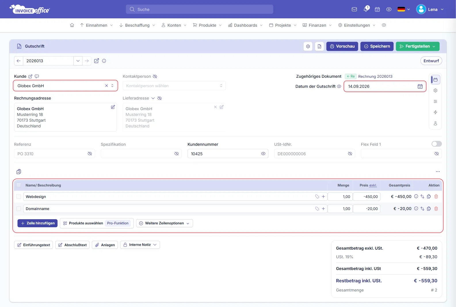 Gutschrift 2026013 für Globex GmbH im Status Entwurf, verknüpft mit Rechnung 2026013, mit Datum der Gutschrift 14.09.2026 und den Positionen Webdesign -450,00 und Domainname -20,00, Gesamtbetrag -559,30 € inkl. USt; Kunde, Datum der Gutschrift und die Positionstabelle sind rot markiert