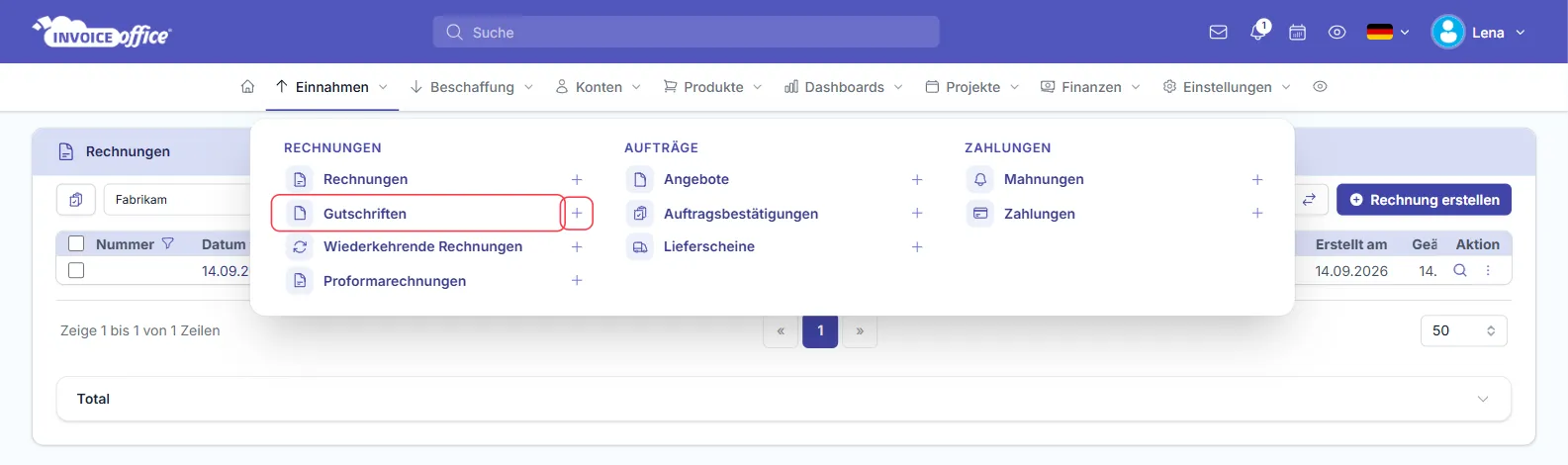 Menü Einnahmen in Invoice Office mit den Spalten Rechnungen, Aufträge und Zahlungen; unter Rechnungen sind der Eintrag Gutschriften und das Pluszeichen daneben rot markiert