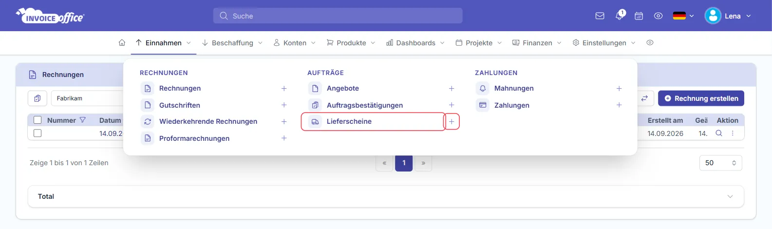 Menü Einnahmen in Invoice Office mit den Spalten Rechnungen, Aufträge und Zahlungen; unter Aufträge sind der Eintrag Lieferscheine und das Pluszeichen daneben rot markiert