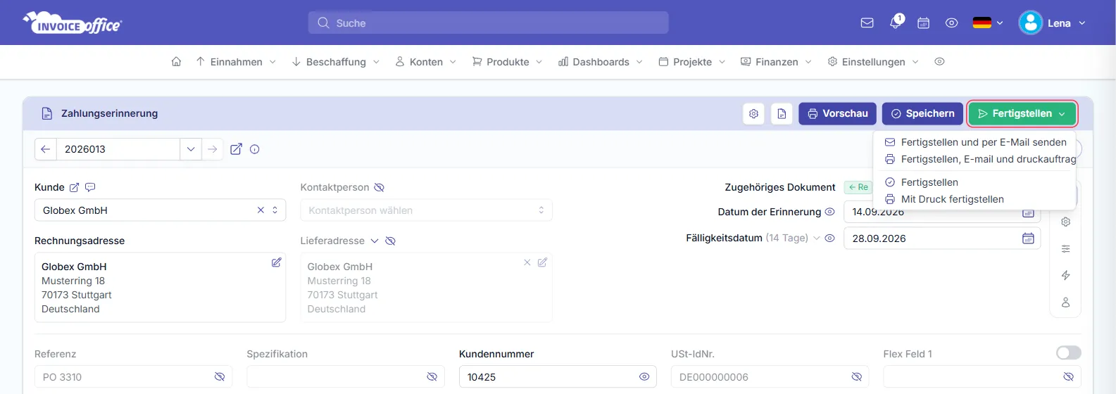 Geöffnetes Menü Fertigstellen in der Zahlungserinnerung mit Fertigstellen und per E-Mail senden, Fertigstellen, E-mail und druckauftrag beenden, Fertigstellen und Mit Druck fertigstellen; die Schaltfläche Fertigstellen ist rot markiert