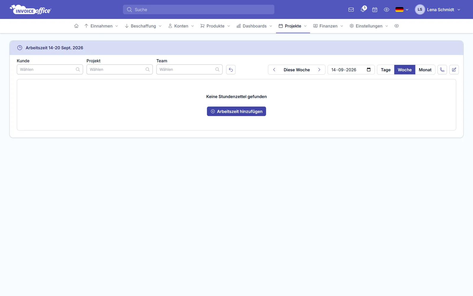 Neue Arbeitszeittabelle mit Auswahl von Projekt, Team und Aufgabe in Invoice Office