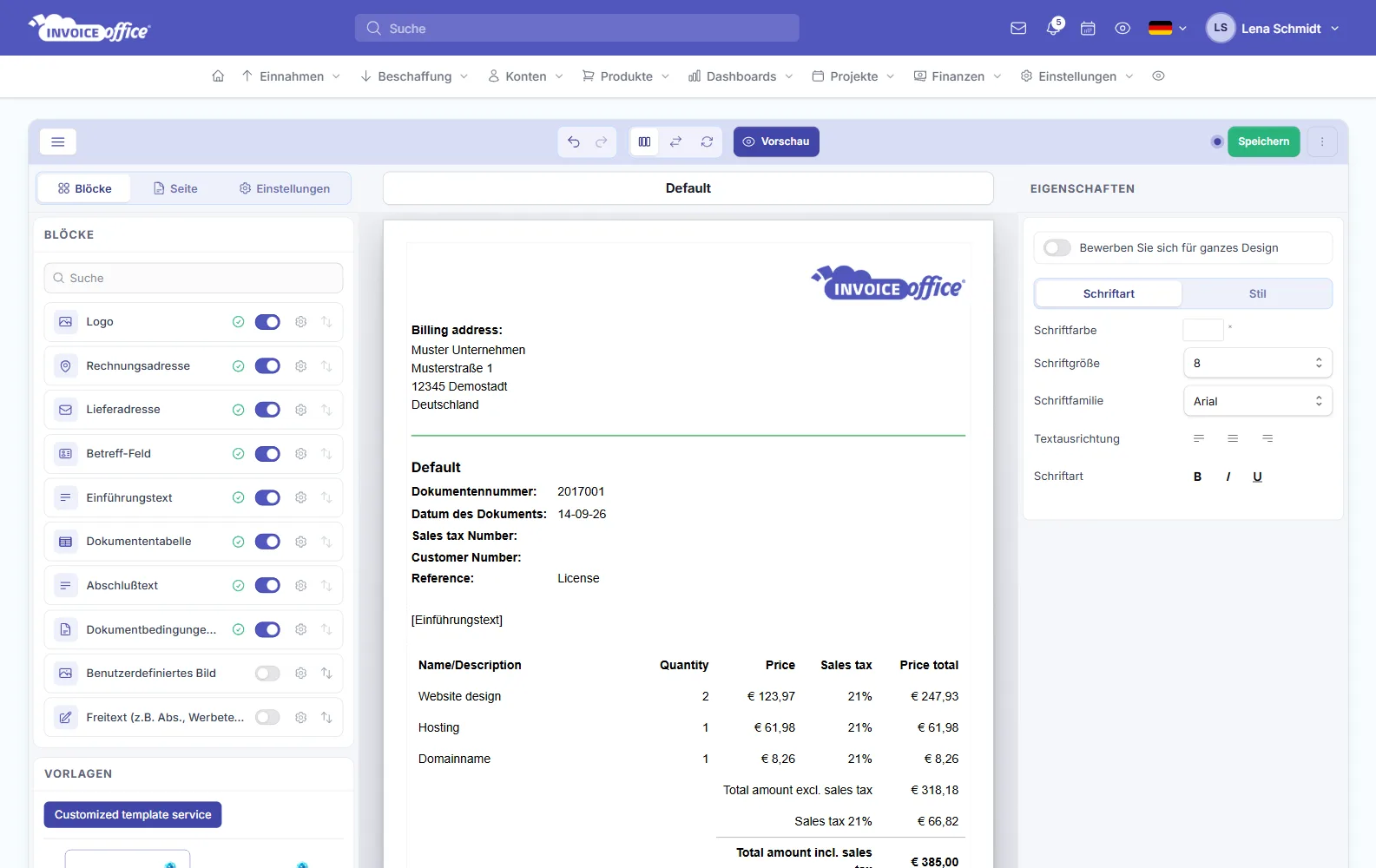 Dokumentendesign-Editor mit Blöcken zum Ein- und Ausschalten, Dokumentvorschau und Eigenschaften in Invoice Office