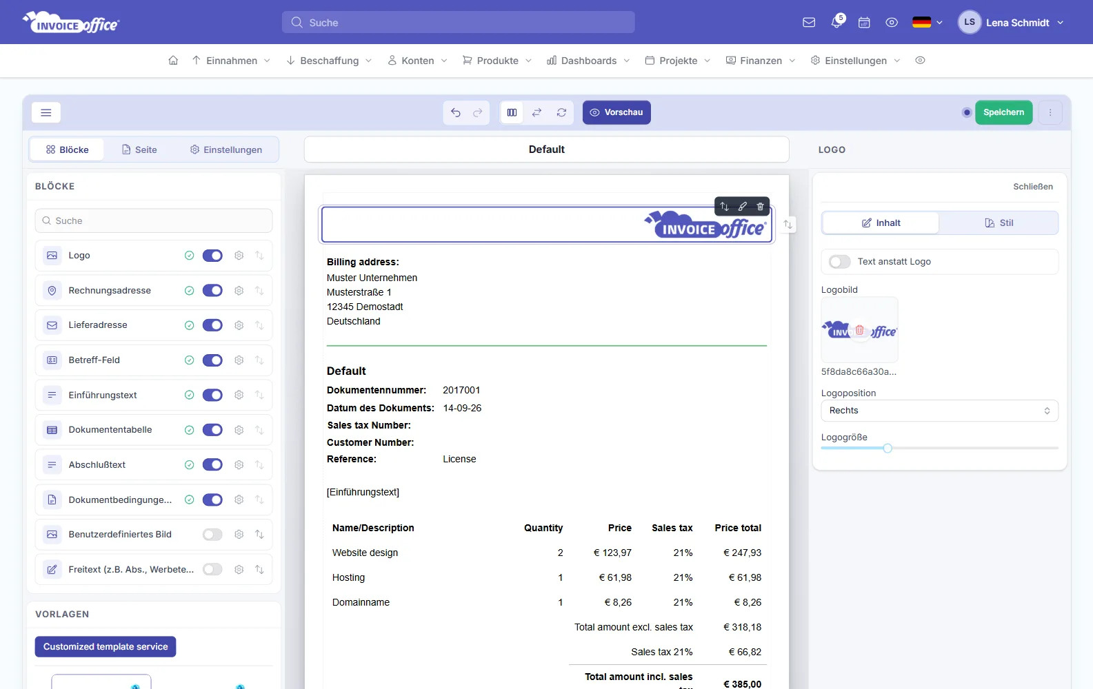 Logo-Einstellungen im Dokumentendesign mit Logobild, Logoposition und Logogröße in Invoice Office