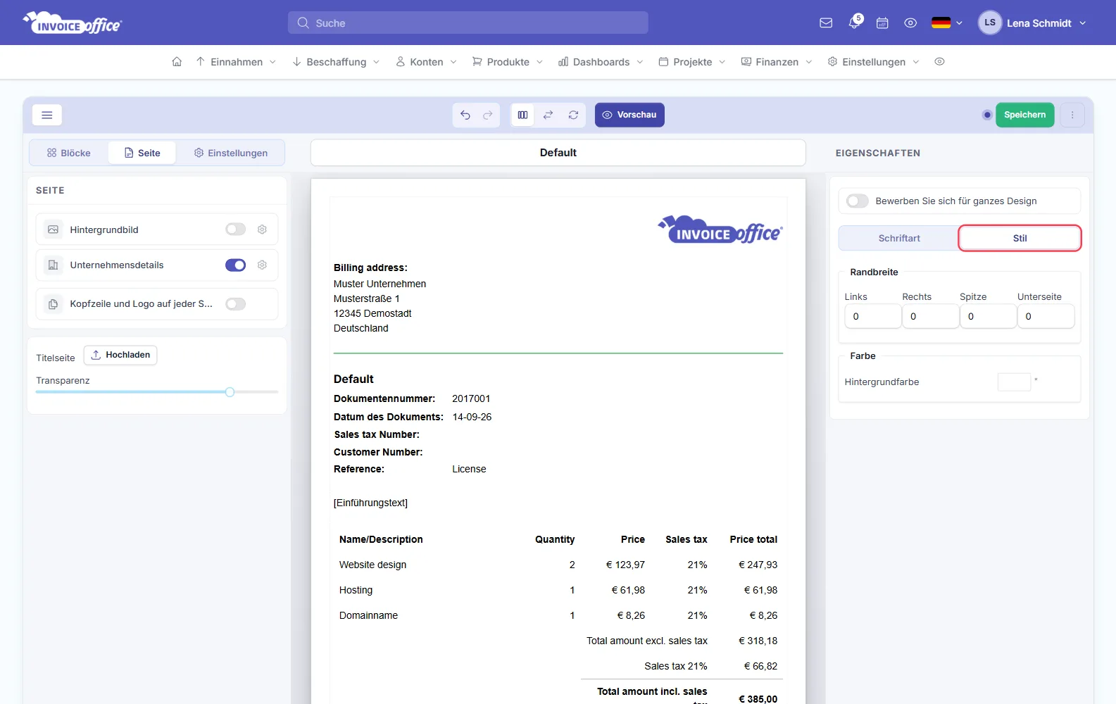 Reiter Stil in den Eigenschaften mit Seitenrändern und Hintergrundfarbe des Dokuments in Invoice Office