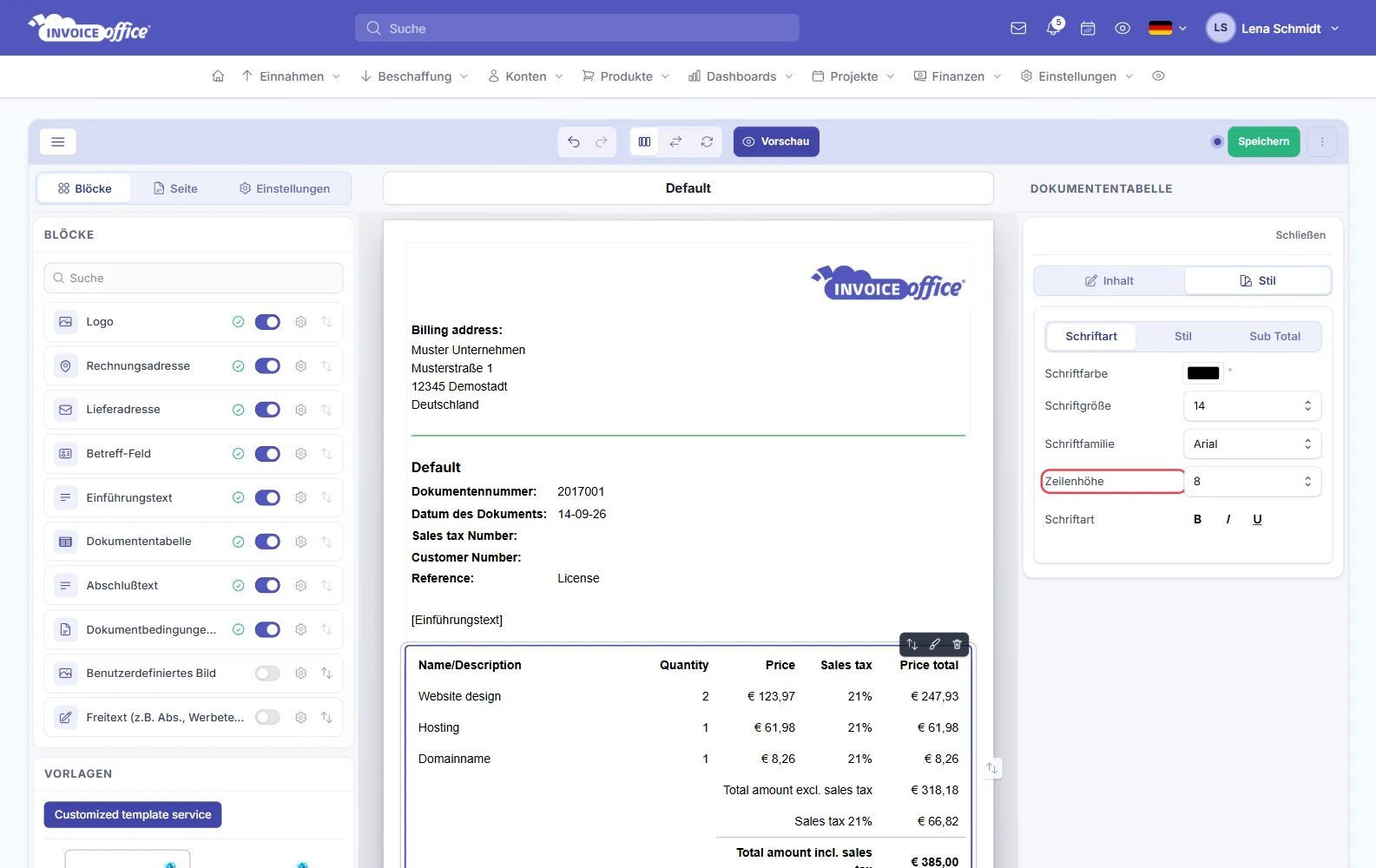 Reiter Stil mit Schriftfarbe, Schriftgröße und Zeilenhöhe im Dokumentendesign von Invoice Office
