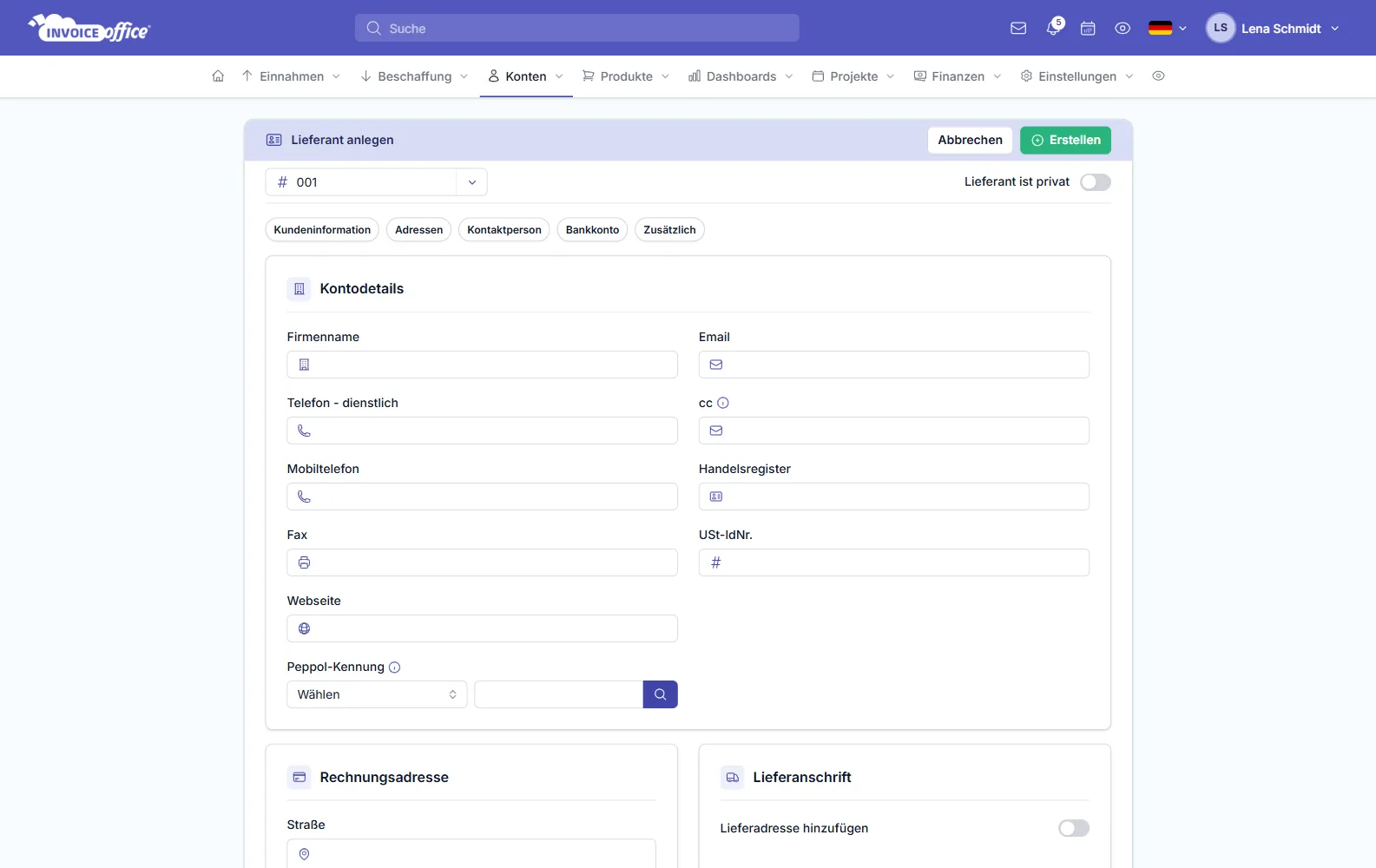 Formular zum Anlegen eines neuen Lieferanten mit den Feldern für die Lieferantendaten in Invoice Office