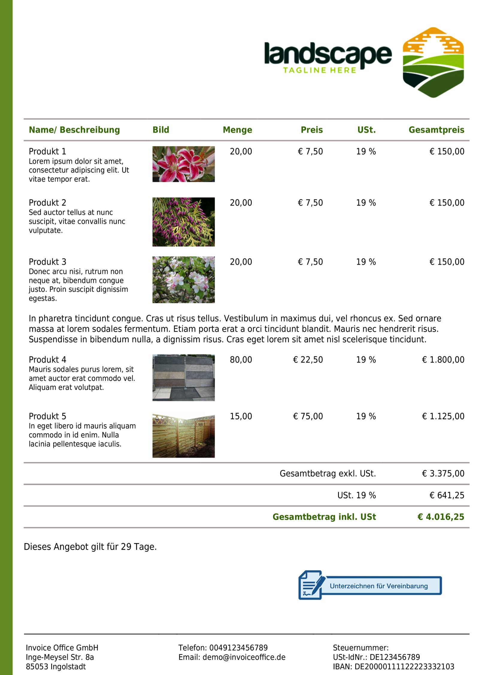 Beispiel Umfangreicher Angebotsinhalt mit Invoice Office