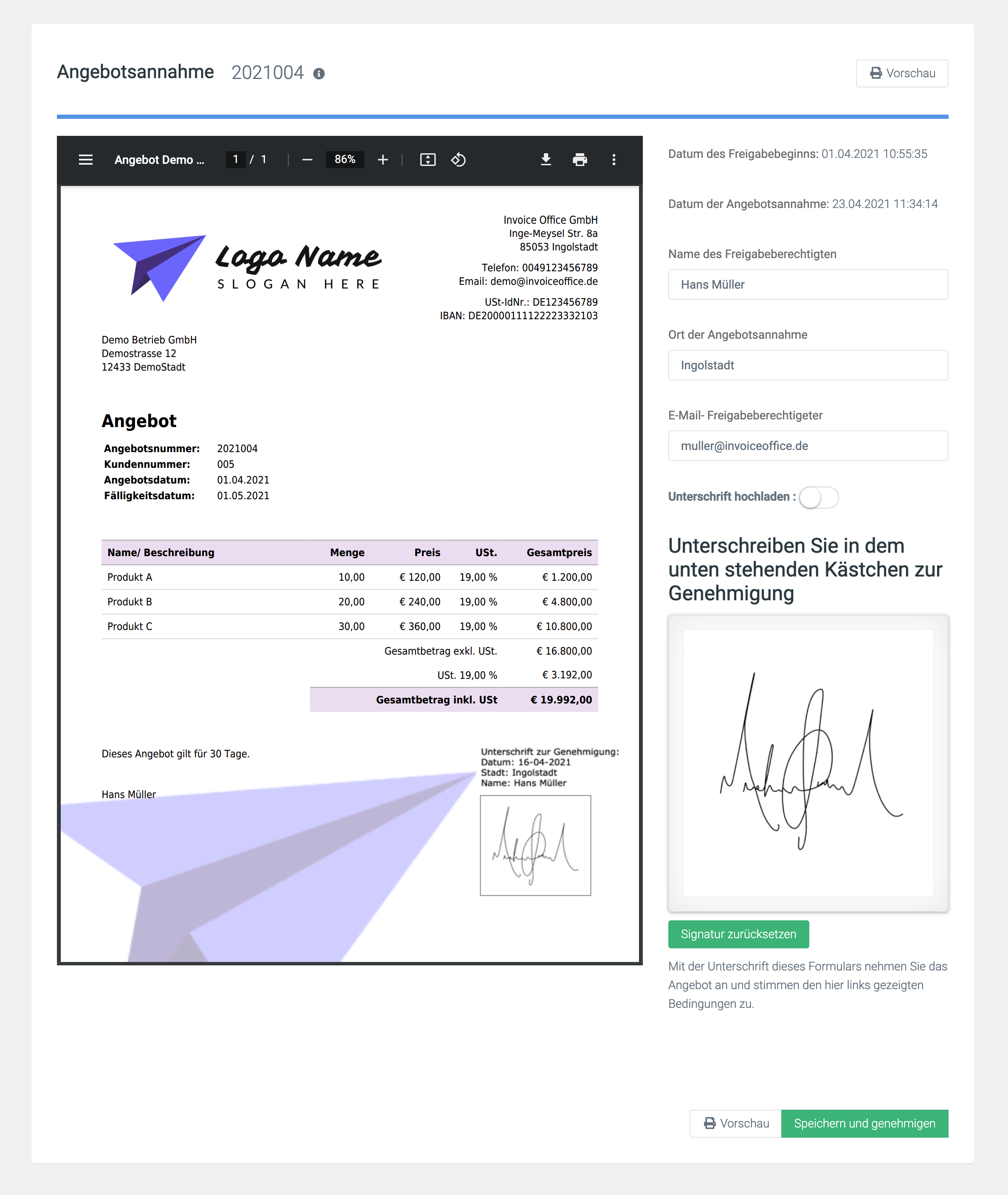 Beispielangebot mit digitaler Signatur